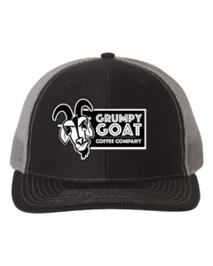 Grumpy Goat Hat with White Logo, Black Front and Gray Mesh