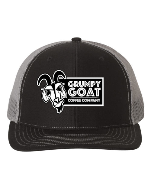 Grumpy Goat Hat with White Logo, Black Front and Gray Mesh