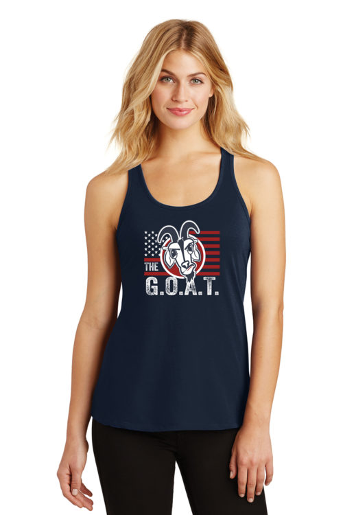 The GOAT Grumpy Goat Logo and American Flag Womens Tank Top Navy Blue