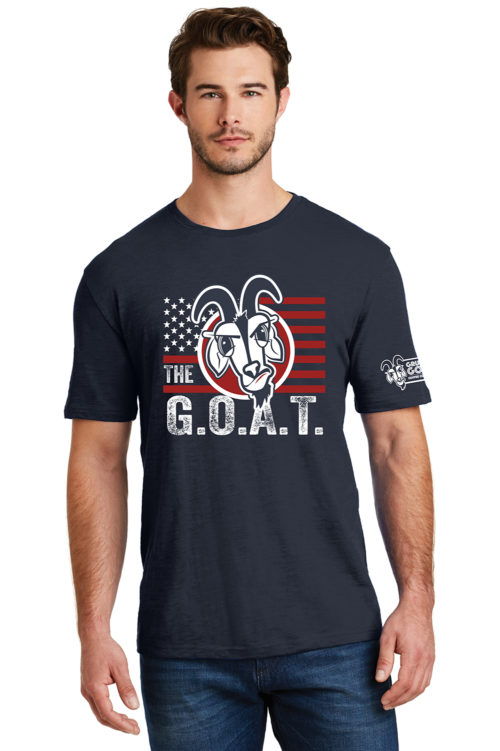 The GOAT Grumpy Goat Logo and American Flag T-Shirt Navy Blue