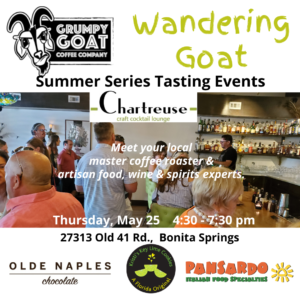 Grumpy Goat Coffee Wandering Goat tasting event at Chartreuse in Bonita Springs